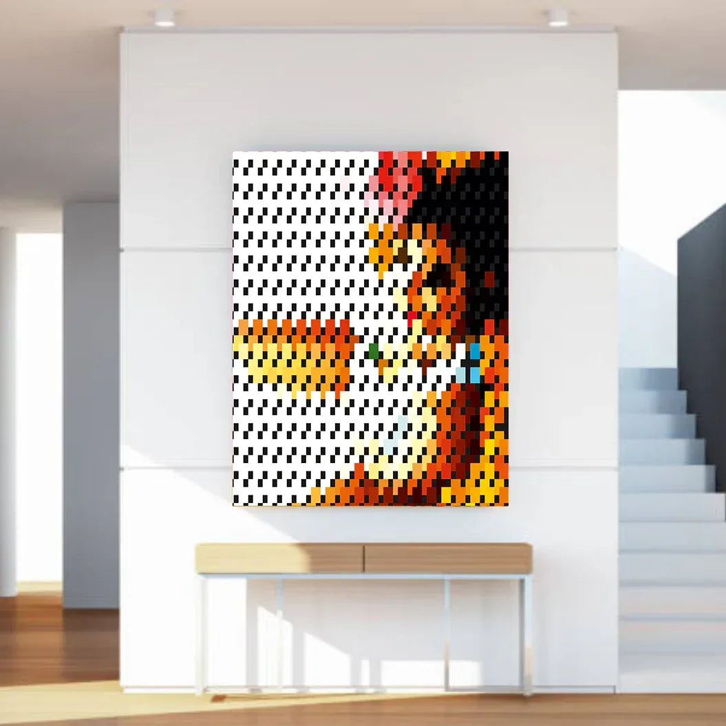 Abstract art piece on a wall in a modern interior setting