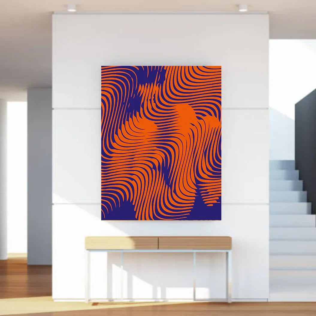 Abstract art piece with wavy patterns in orange and blue on a white wall.
