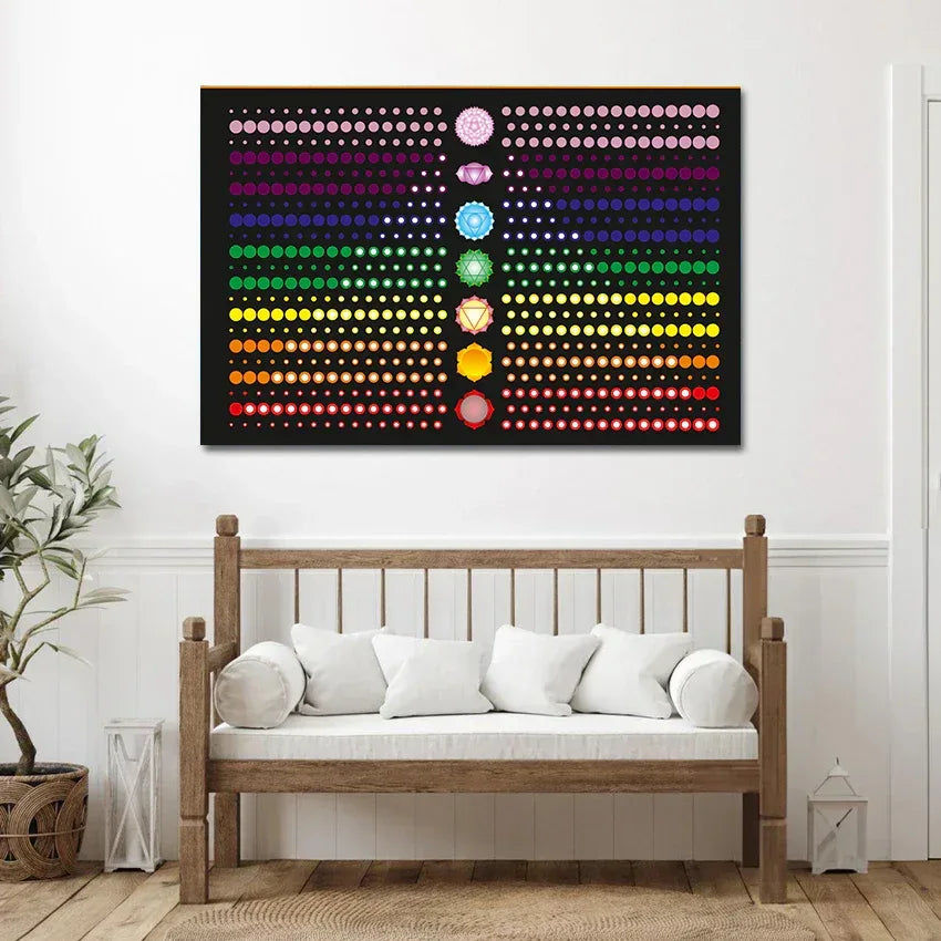 Colorful chakra dot art on a wall above a wooden bench with white cushions.