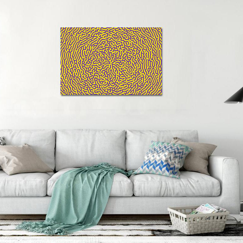 Trauma‑sensitive therapy room showing a single circular grounding artwork.