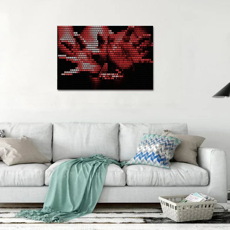 Modern living room with a white sofa, decorative pillows, and a digital art piece on the wall.