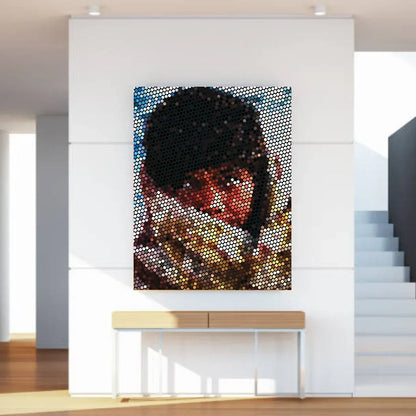 Mosaic portrait on a wall in a modern interior setting