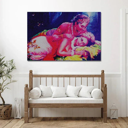 Colorful abstract painting on a wall above a wooden bench with white cushions.