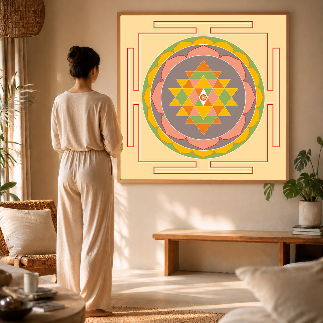 Sacred Geometry + Shri Yantra Dot Art wall art by Ilu Art Therapy, displayed in a serene wellness space with a person admirin