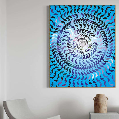 Abstract spiral pattern painting on a wall with a chair and vase in the foreground.