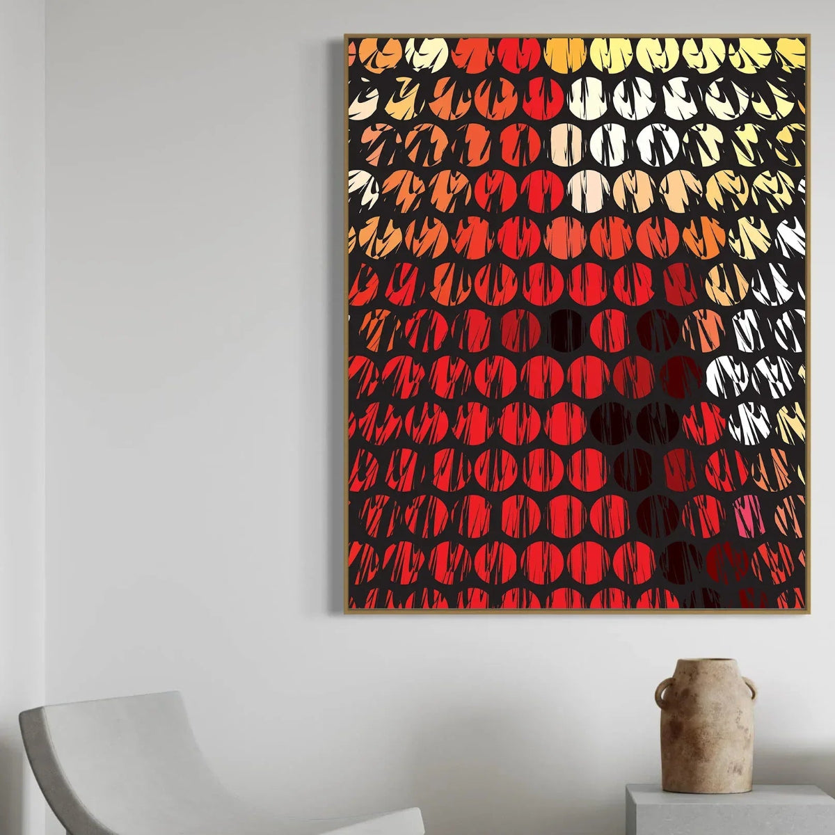 Abstract art piece with geometric pattern on a white wall