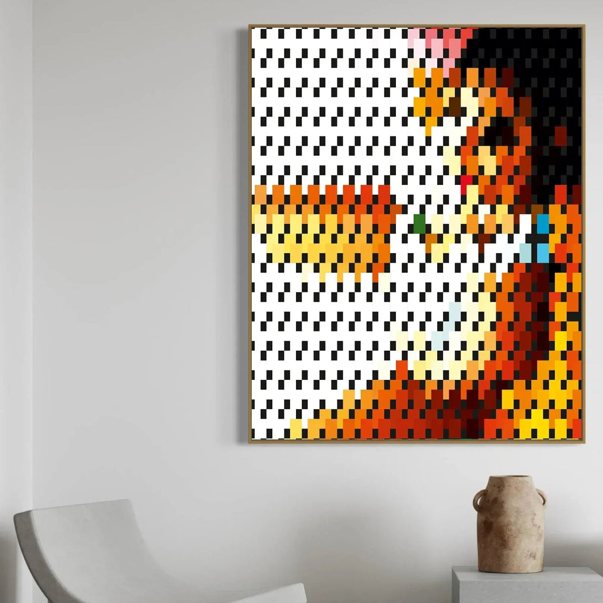 Pixelated artwork of a cat on a white wall with a chair and vase in the foreground.