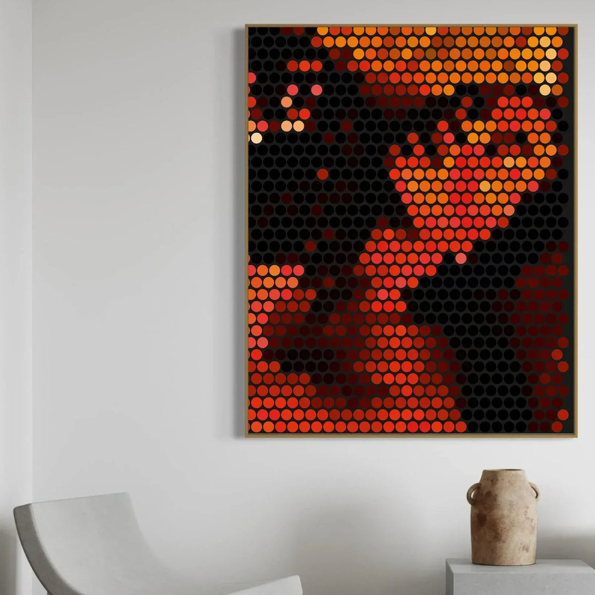 Artistic portrait made of circular elements on a wall with a chair and vase in the foreground.