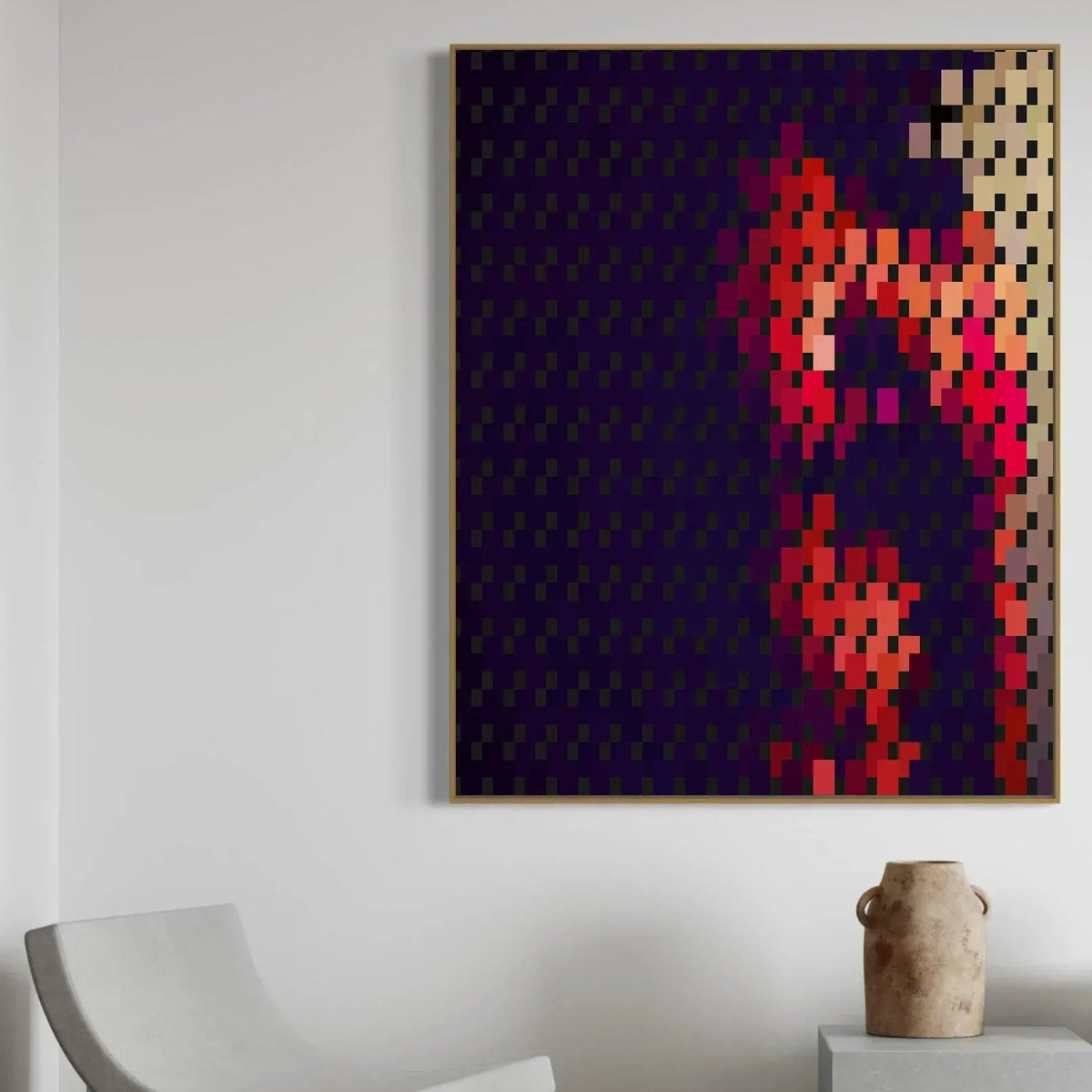 Abstract art piece with geometric patterns on a wall in a minimalistic room.