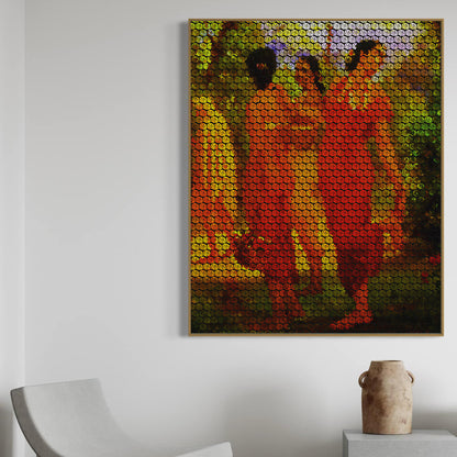 Abstract artwork of three figures on a white wall with a vase on a table below.