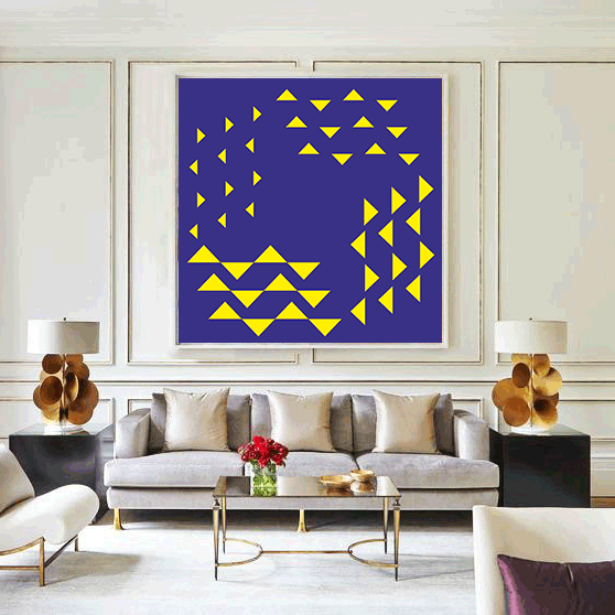 Modern living room with a geometric abstract painting on the wall