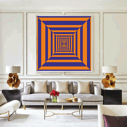 Modern living room with a geometric abstract painting on the wall.