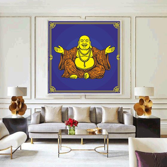 Living room with a large framed picture of a laughing Buddha on the wall.