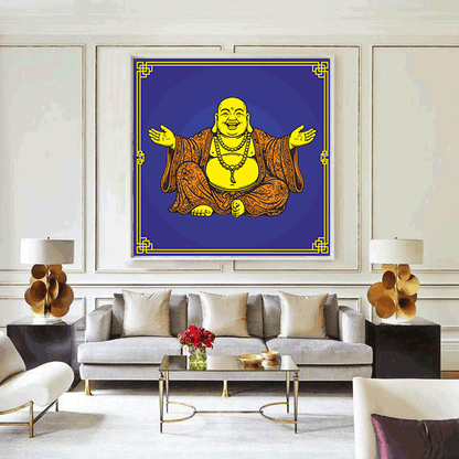 Living room with a large framed picture of a laughing Buddha on the wall.