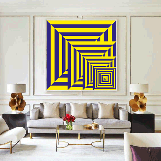 Living room with a large abstract painting featuring blue and yellow geometric patterns.
