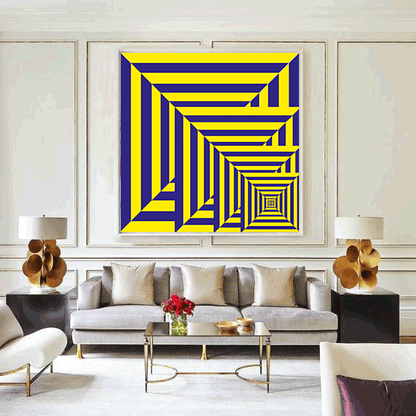 Living room with a large abstract painting featuring blue and yellow geometric patterns.