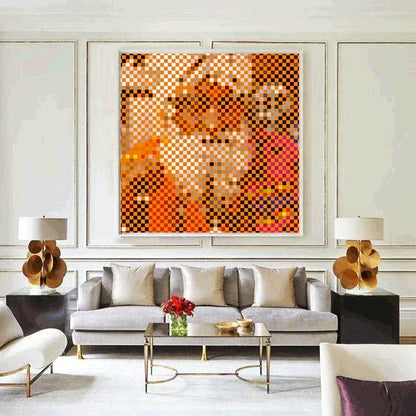 Modern living room with a gray sofa, coffee table, and abstract artwork on the wall.