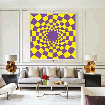 Living room with a gray sofa, coffee table, and a large purple and yellow checkered painting.