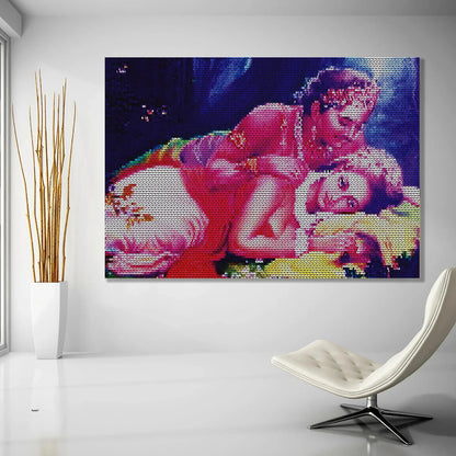 Colorful mosaic artwork of a couple on a wall in a modern room with a chair and plant.