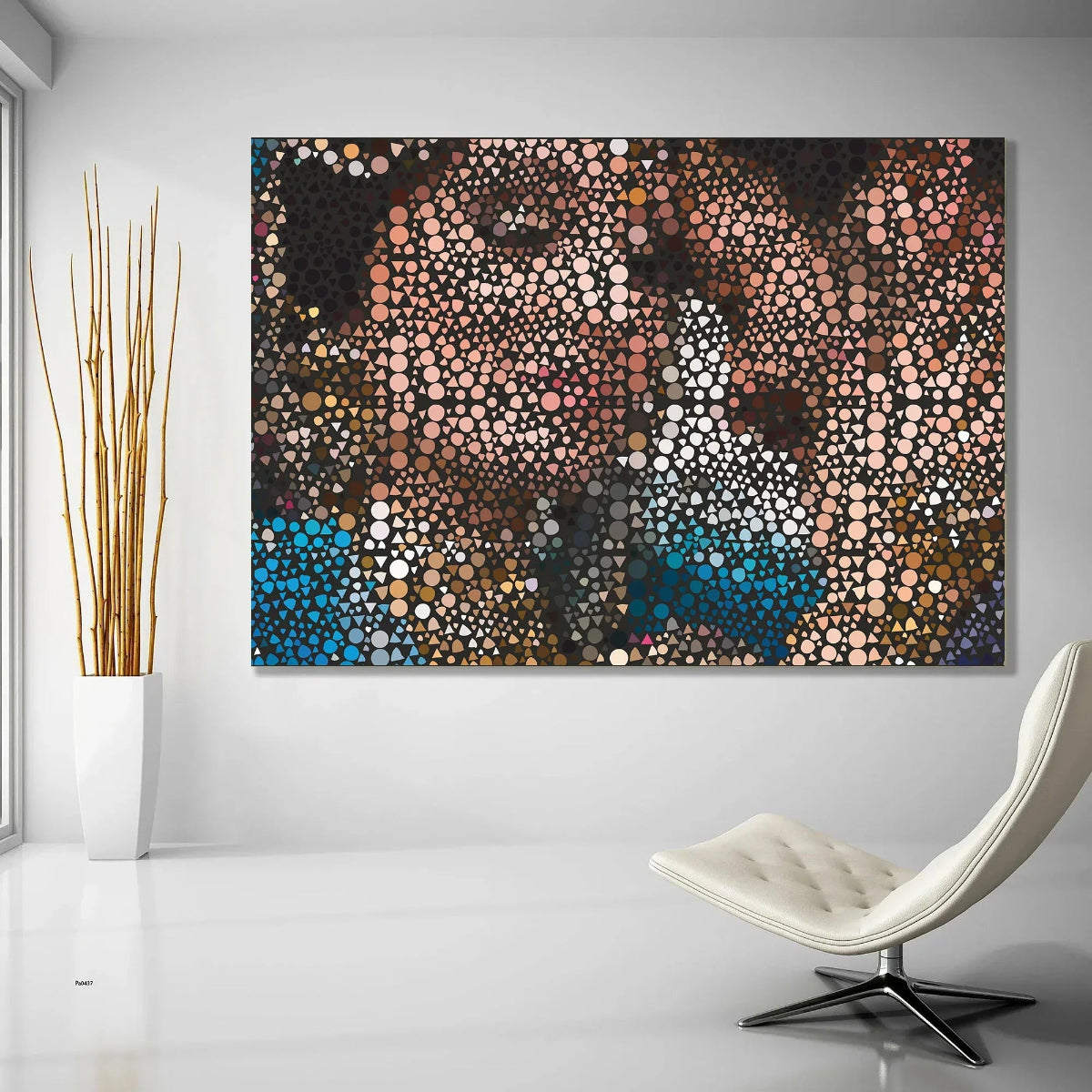 Abstract circular pattern painting on a wall with a modern chair and plant in the foreground.