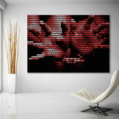 Modern interior with a large abstract art piece on the wall, a white chair, and a plant.