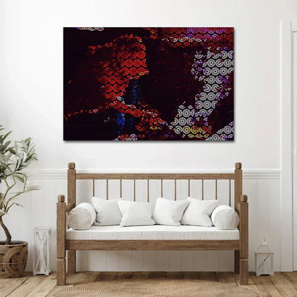Decorative wall art above a wooden bench with white cushions in a room setting.
