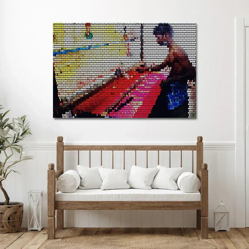 Colorful abstract painting on a wall above a wooden bench with white cushions.