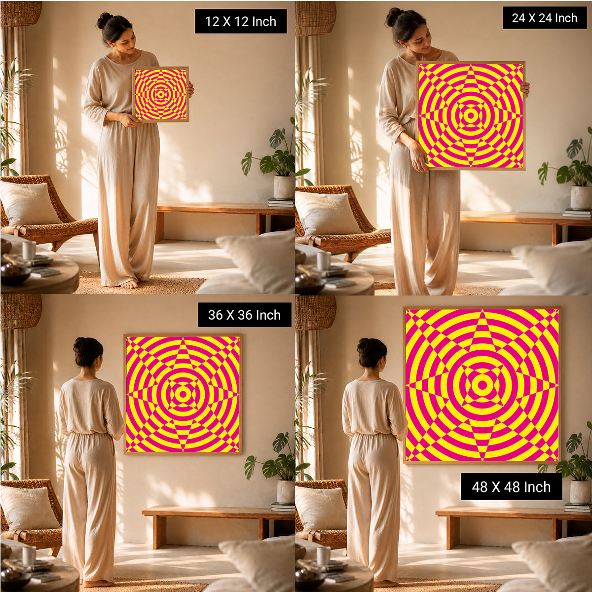 Meditation Wall Art by Ilu Art Therapy featuring calming geometric prints in vibrant pink and yellow, displayed in various si