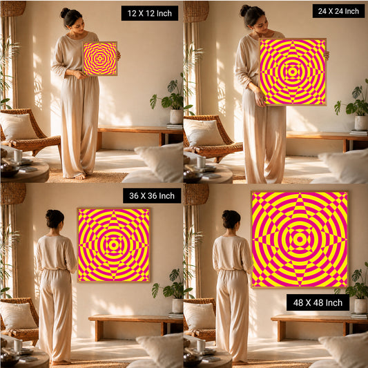 Meditation Wall Art by Ilu Art Therapy featuring calming geometric prints in vibrant pink and yellow, displayed in various si