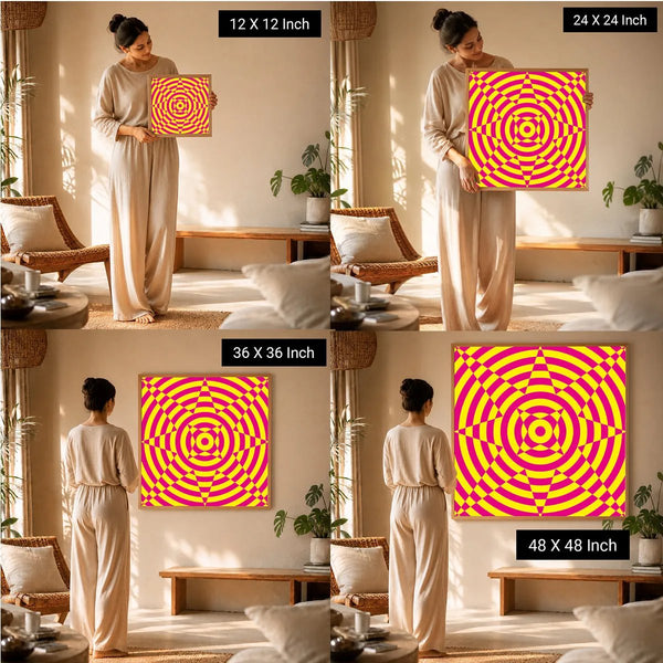 Meditation Wall Art by Ilu Art Therapy featuring calming geometric prints in vibrant pink and yellow, displayed in various si