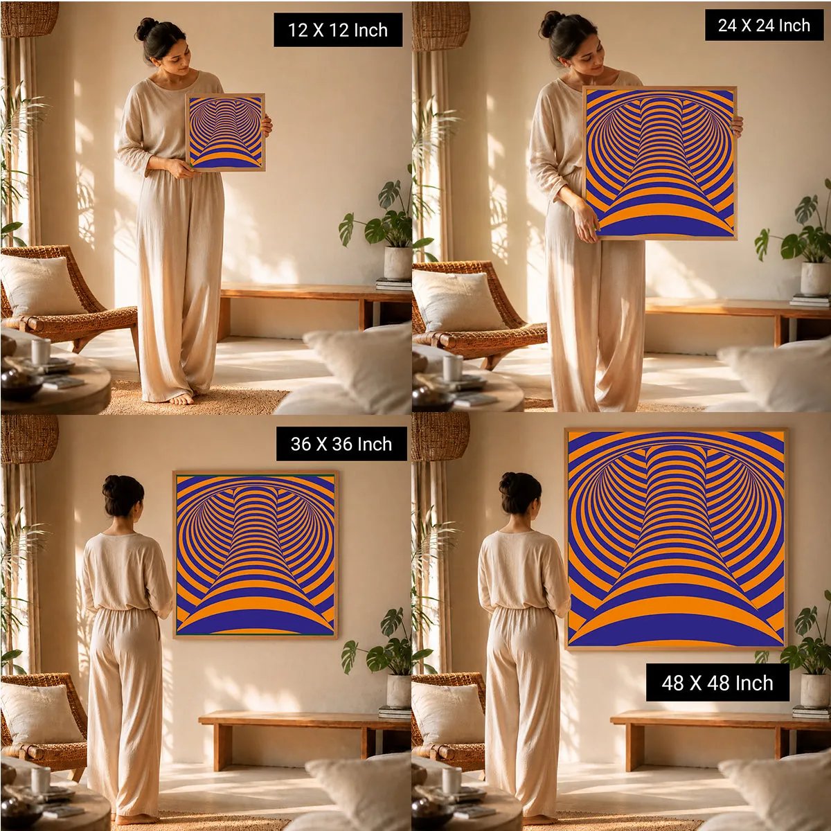Serenity Meditation Art Therapeutic Wall Prints displayed in various sizes (12x12, 24x24, 36x36, 48x48) held by a model in a 