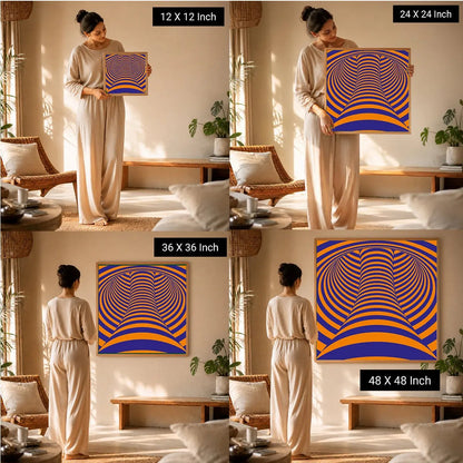 Serenity Meditation Art Therapeutic Wall Prints displayed in various sizes (12x12, 24x24, 36x36, 48x48) held by a model in a 