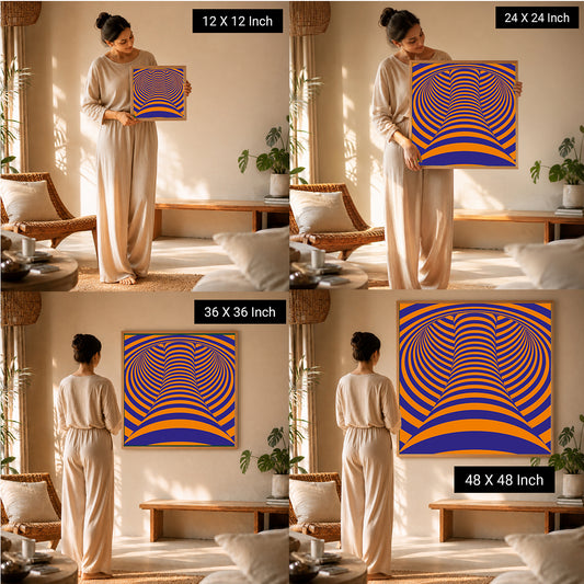 Serenity Meditation Art Therapeutic Wall Prints displayed in various sizes (12x12, 24x24, 36x36, 48x48) held by a model in a 