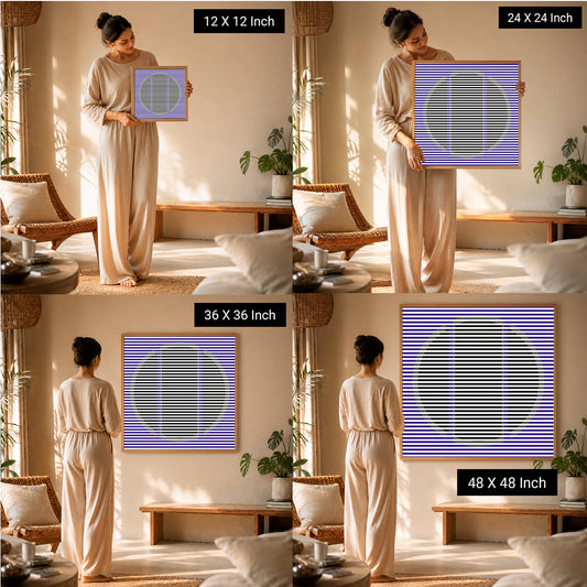 Ilu Art Therapy therapeutic wall art displayed in four sizes, featuring a geometric design, with a woman holding a print in a