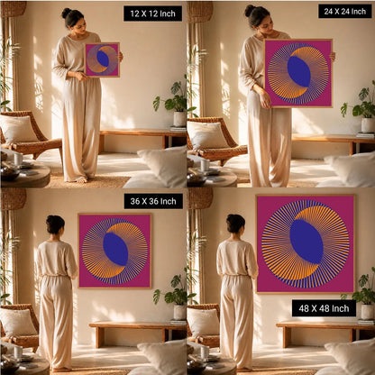 Ilu Art Therapy Mandala & Sacred Geometry Art displayed in four sizes (12x12, 24x24, 36x36, 48x48 inches) held by a model.