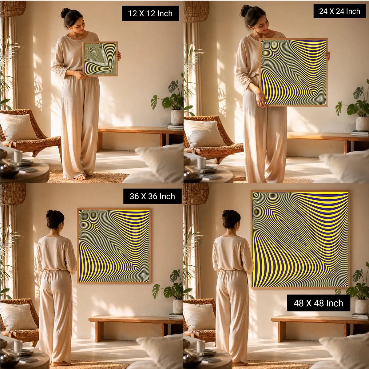 Ilu Art Therapy Healing Canvas Wall Art displayed in various sizes (12x12, 24x24, 36x36, 48x48 inches) in a serene room setti