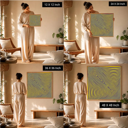 Ilu Art Therapy Healing Canvas Wall Art displayed in various sizes (12x12, 24x24, 36x36, 48x48 inches) in a serene room setti