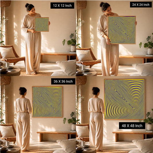 Ilu Art Therapy Healing Canvas Wall Art displayed in various sizes (12x12, 24x24, 36x36, 48x48 inches) in a serene room setti