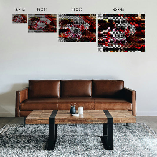 Neutral geometric prints arranged gallery‑style in a psychiatric hospital corridor.