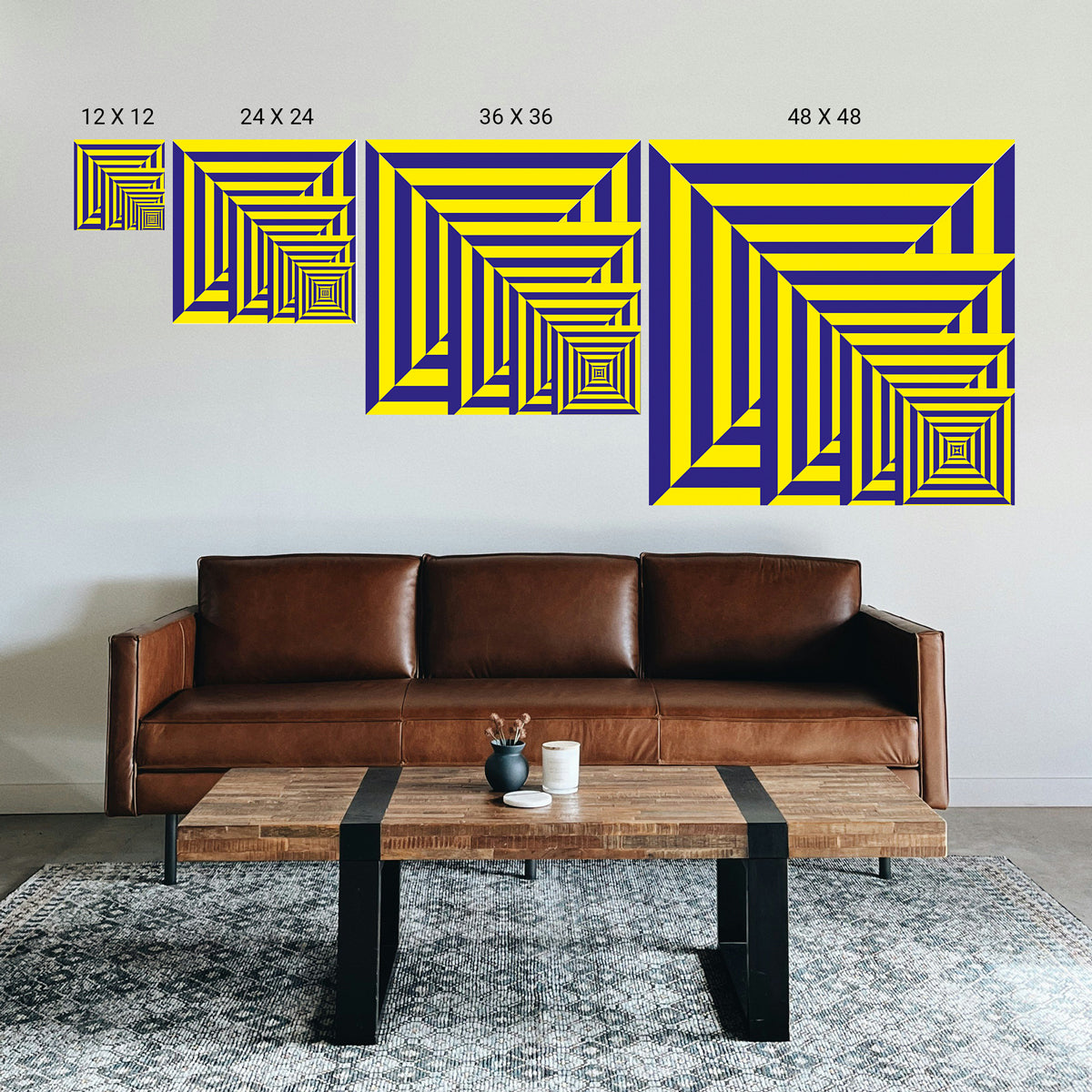 Wall art with geometric patterns in yellow and blue above a brown leather sofa and wooden coffee table.