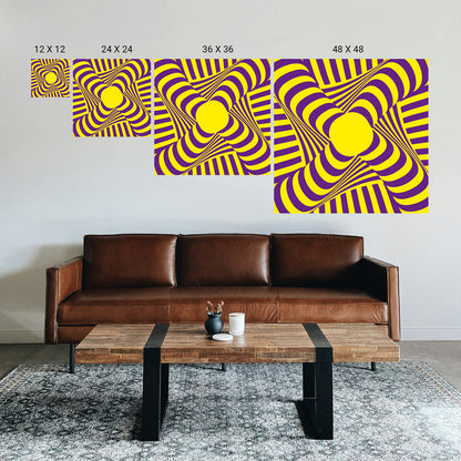 Wall art with yellow and purple design on a white wall above a brown leather sofa.