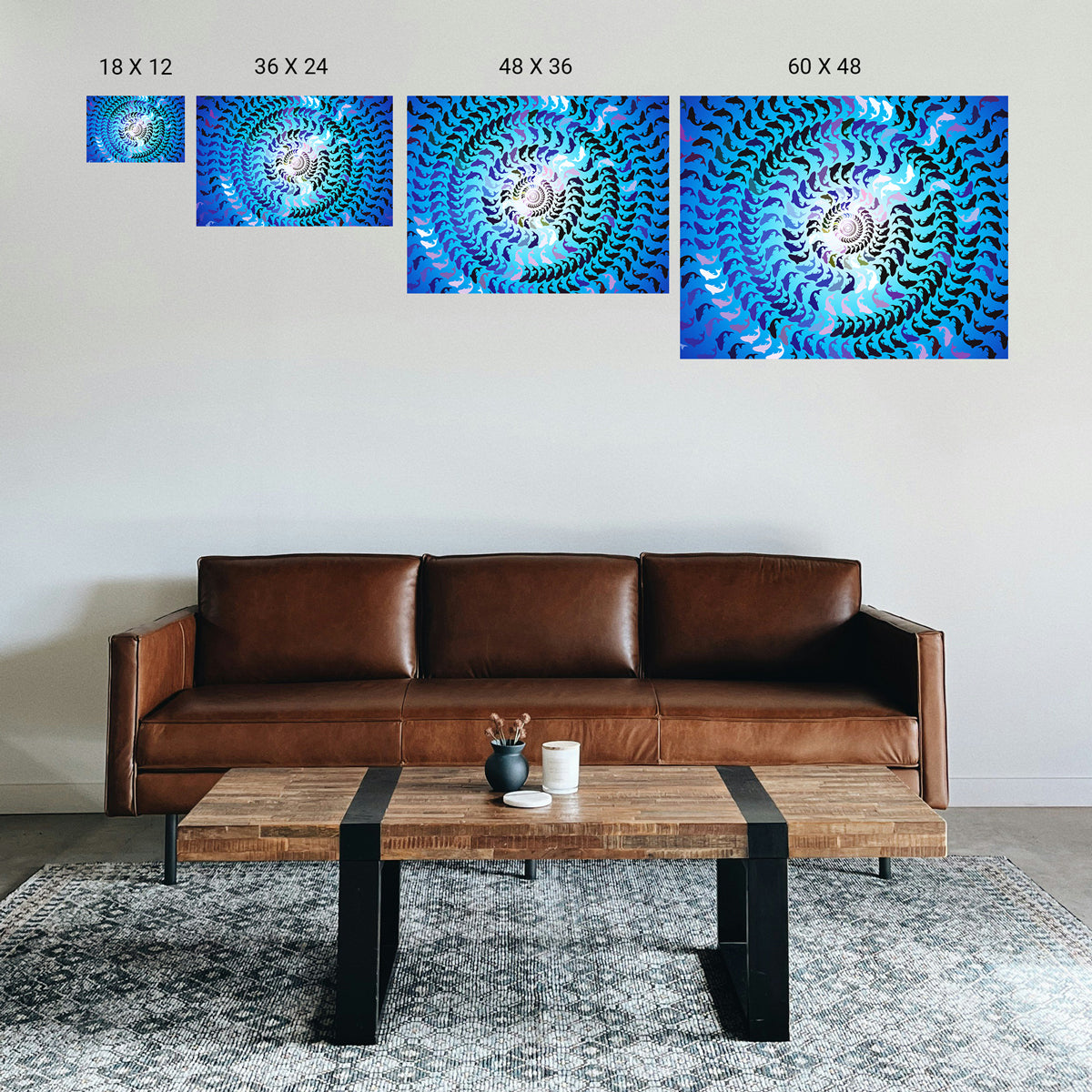 Single large radial focus print at the end of a clinic waiting room seating row.