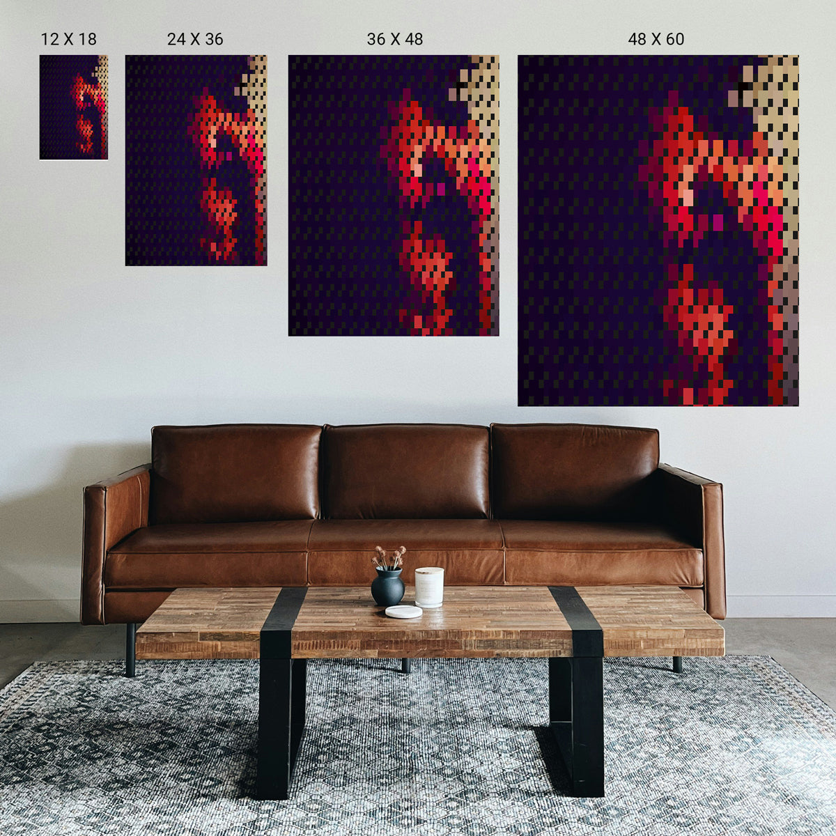 Black‑and‑white radial symmetry art print framed on a clean white wall in a therapy room