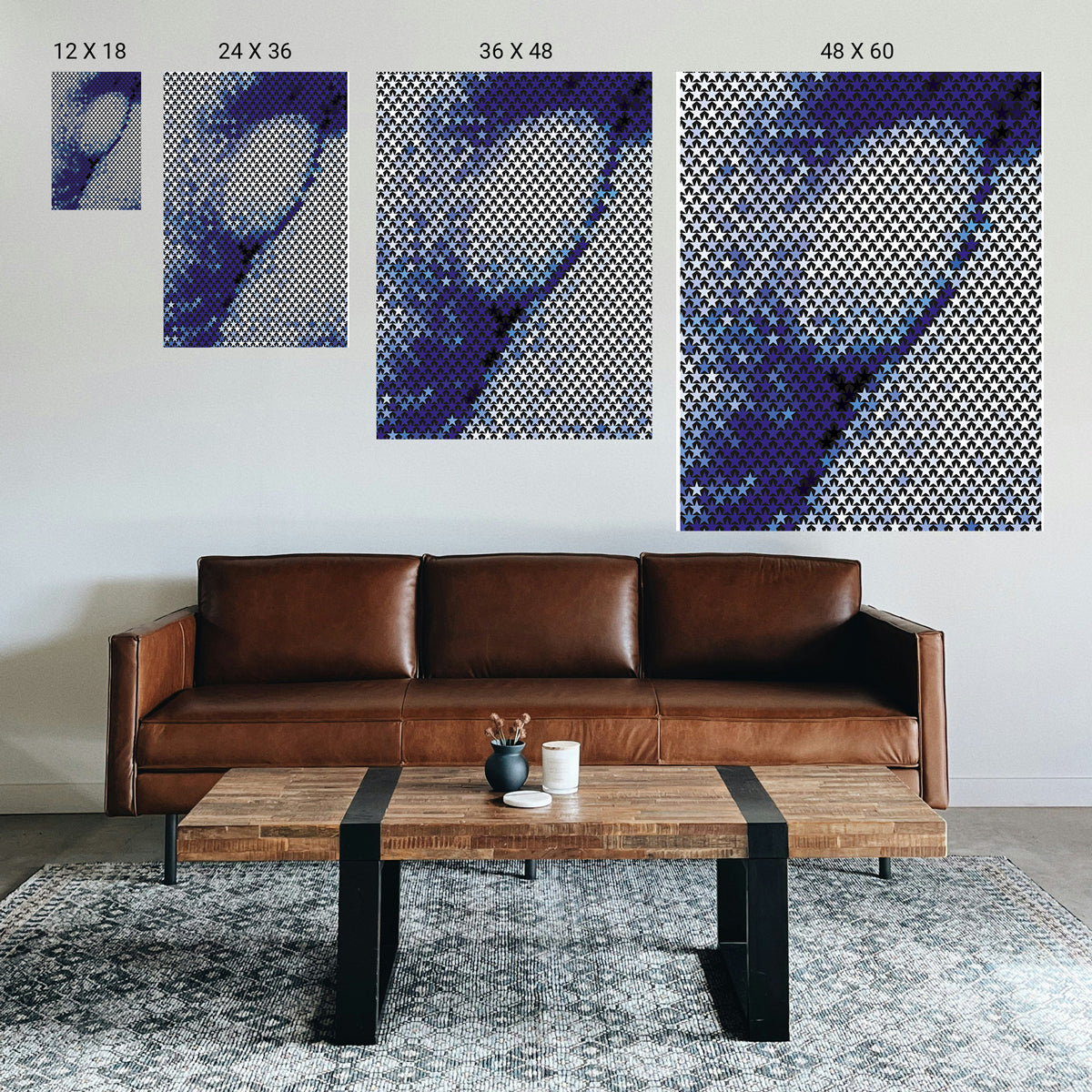 Neutral‑toned geometric symmetry artwork styled above a two‑seater sofa in a counseling office