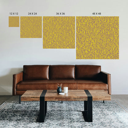 Living room with a brown leather sofa, wooden coffee table, and wall art with yellow abstract patterns.
