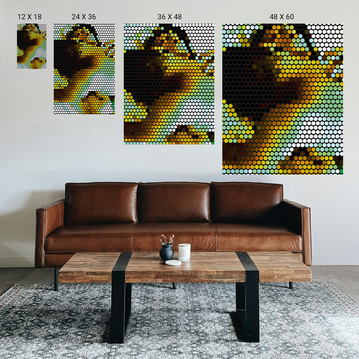 Large minimalist symmetry print used as a visual anchor in a serene psychotherapy office