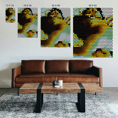 Large minimalist symmetry print used as a visual anchor in a serene psychotherapy office