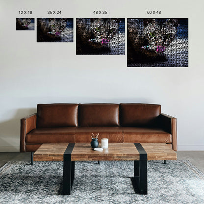 Mindfulness room in a workplace with a horizon‑style symmetry print above floor seating.