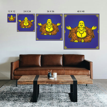 Buddha artwork in various sizes displayed on a wall above a brown leather sofa.