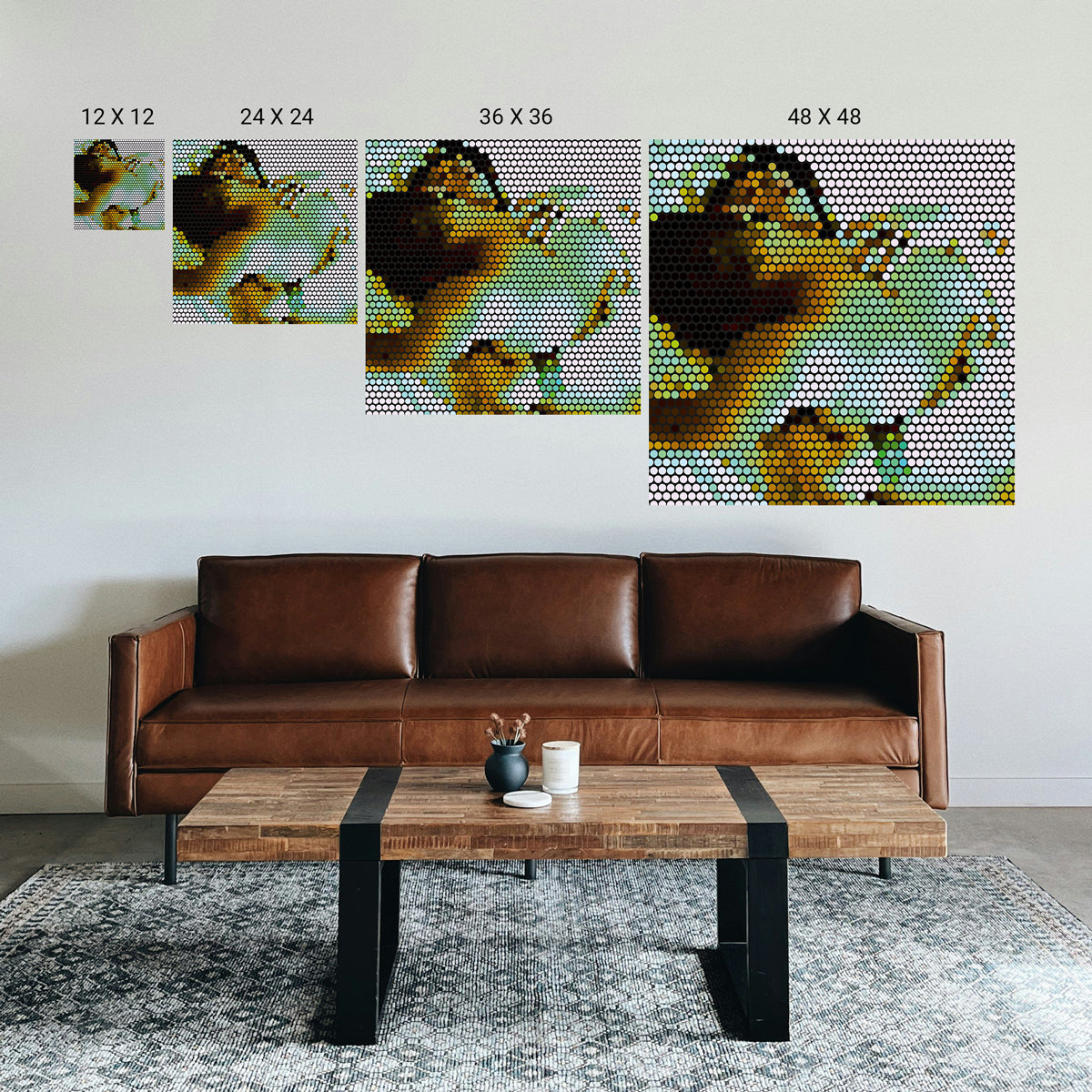 Living room with a brown leather sofa, wooden coffee table, and wall art displaying a woman's face.